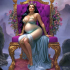 Pregnant Woman in Regal Attire on Throne Surrounded by Flowers