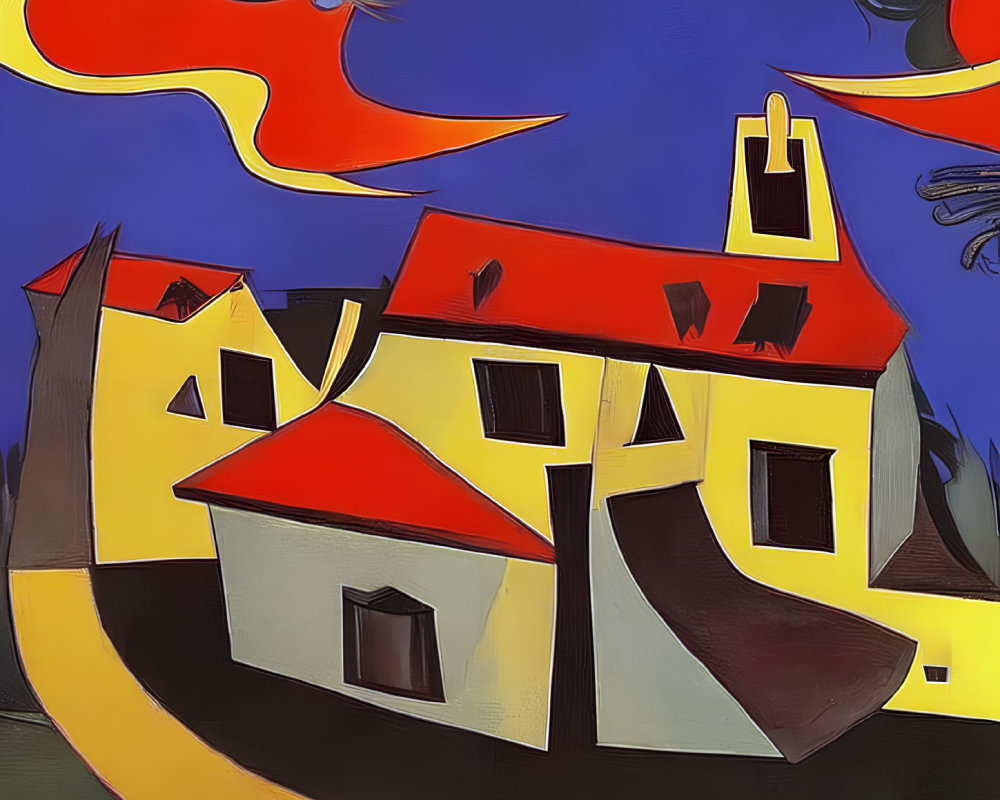 Distorted white houses in abstract art with yellow outlines on blue background.