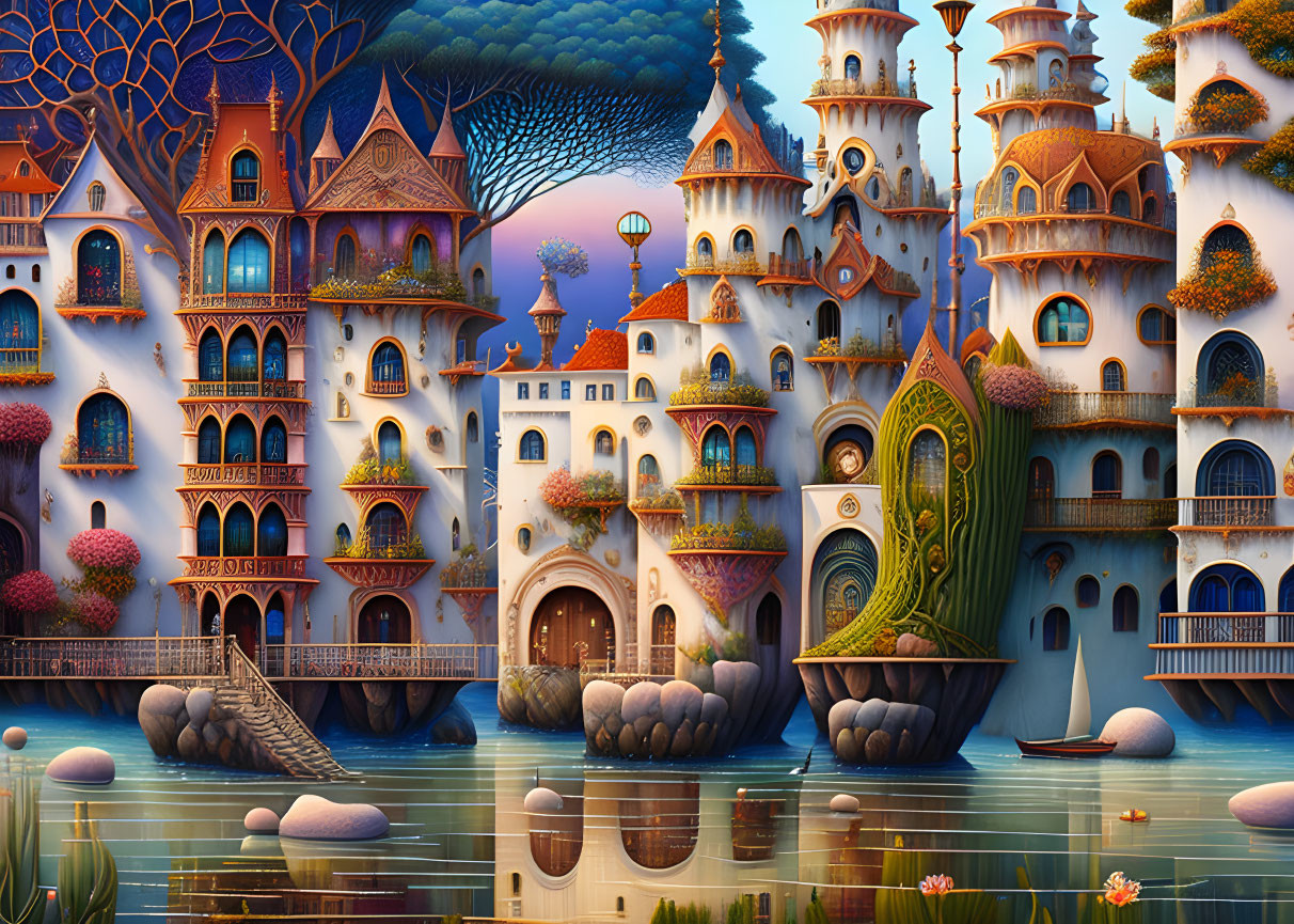 Whimsical fairytale castle illustration with ornate towers and lake view