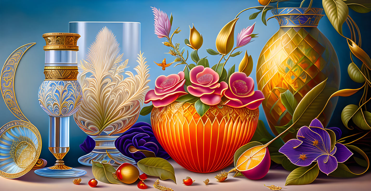 Colorful Still-Life Illustration of Glassware, Flowers, Fruits, and Metallic Decor on Blue