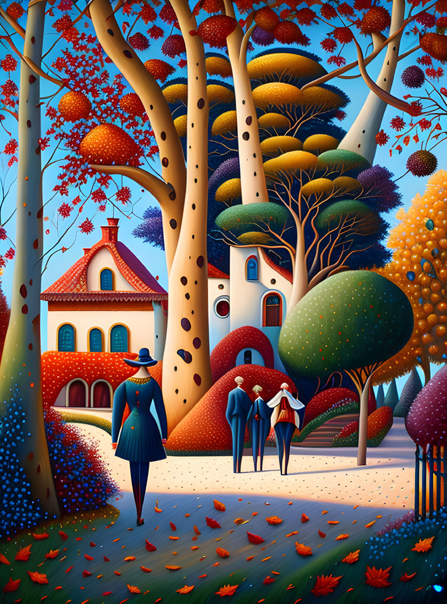 Colorful painting of people in vintage attire walking by whimsical trees and orange house