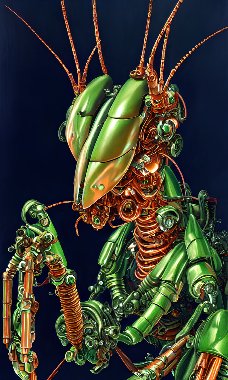 Detailed Green Mechanical Mantis Illustration with Gears on Dark Blue Background