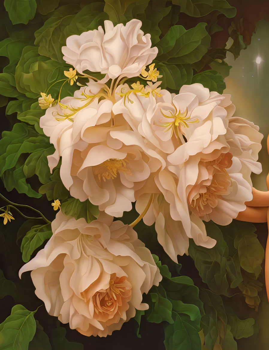 Detailed Cluster of Creamy White Roses with Green Leaves on Dark Background
