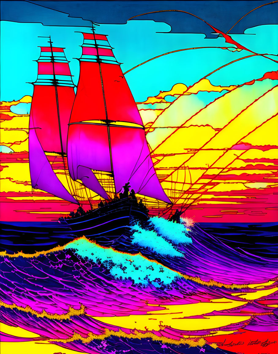 Colorful ship with red sails navigating vibrant seas under a colorful sky