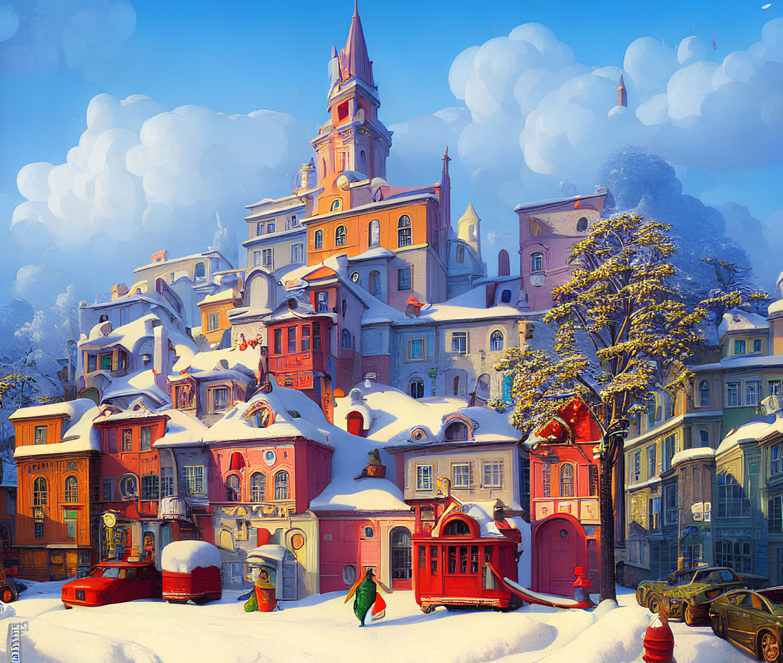 Whimsical snow-covered town with colorful buildings, castle, and vintage cars