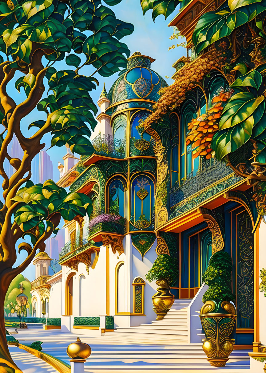 Vibrant, ornate building with balconies and domes in lush greenery under surreal sunlight