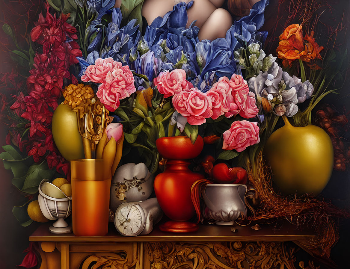 Vibrant still life painting with flowers, vases, golden sphere, watch, and eggs