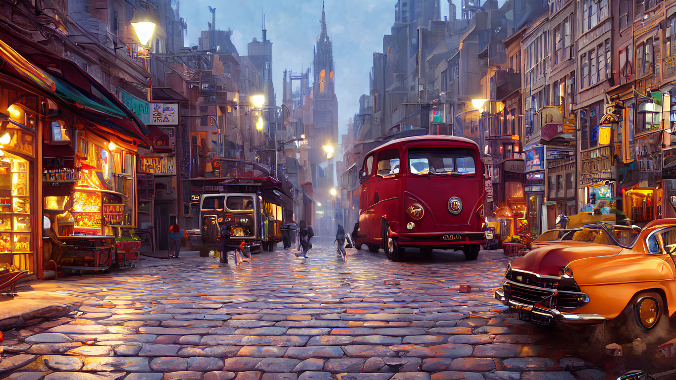 Vintage cars and cobblestone streets in a dusk street scene