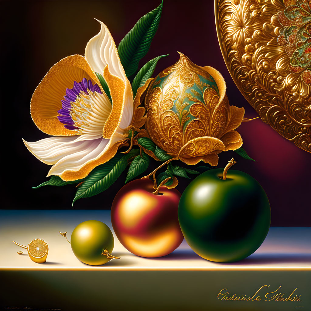 White flower, golden egg, fruits, citrus slice in still-life painting.