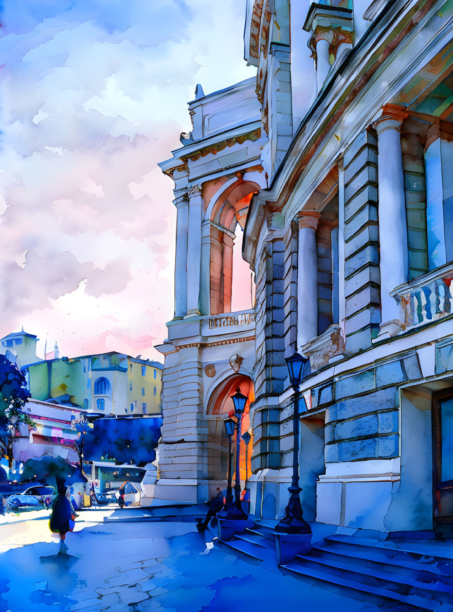 Colorful watercolor painting of city scene with grand building, arched entrance, and pedestrians.