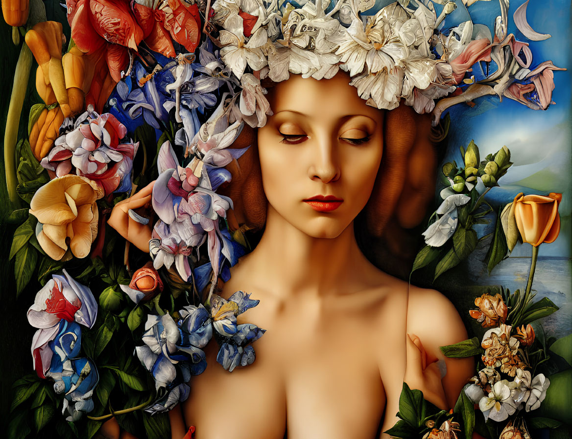 Surreal portrait of a woman with floral wreath in vibrant flower setting