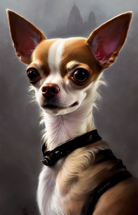 Chihuahua portrait with big eyes, pointed ears, glossy coat, and black collar