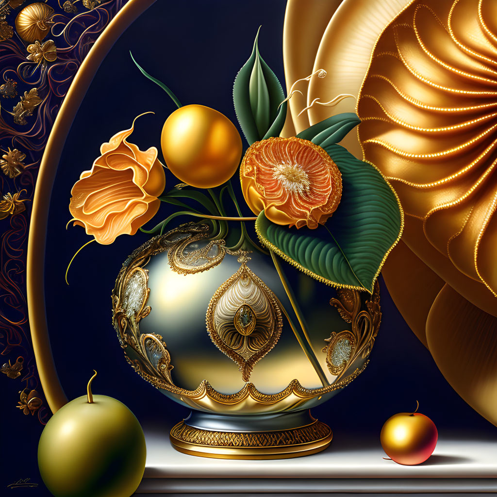 Gold-detailed vase with orange flowers, apples, and golden fabric in still life.