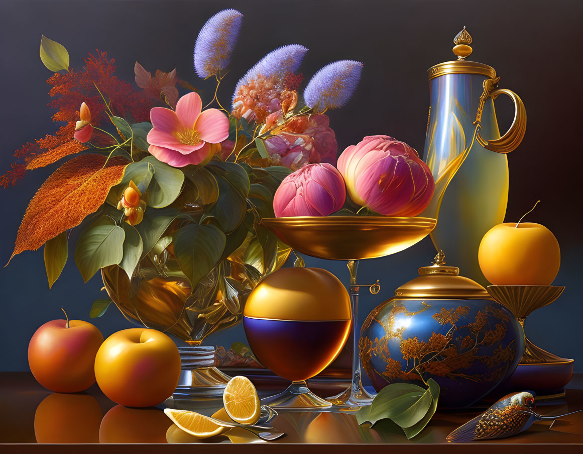 Vibrant flowers, golden pitcher, fruits, wine on dark background