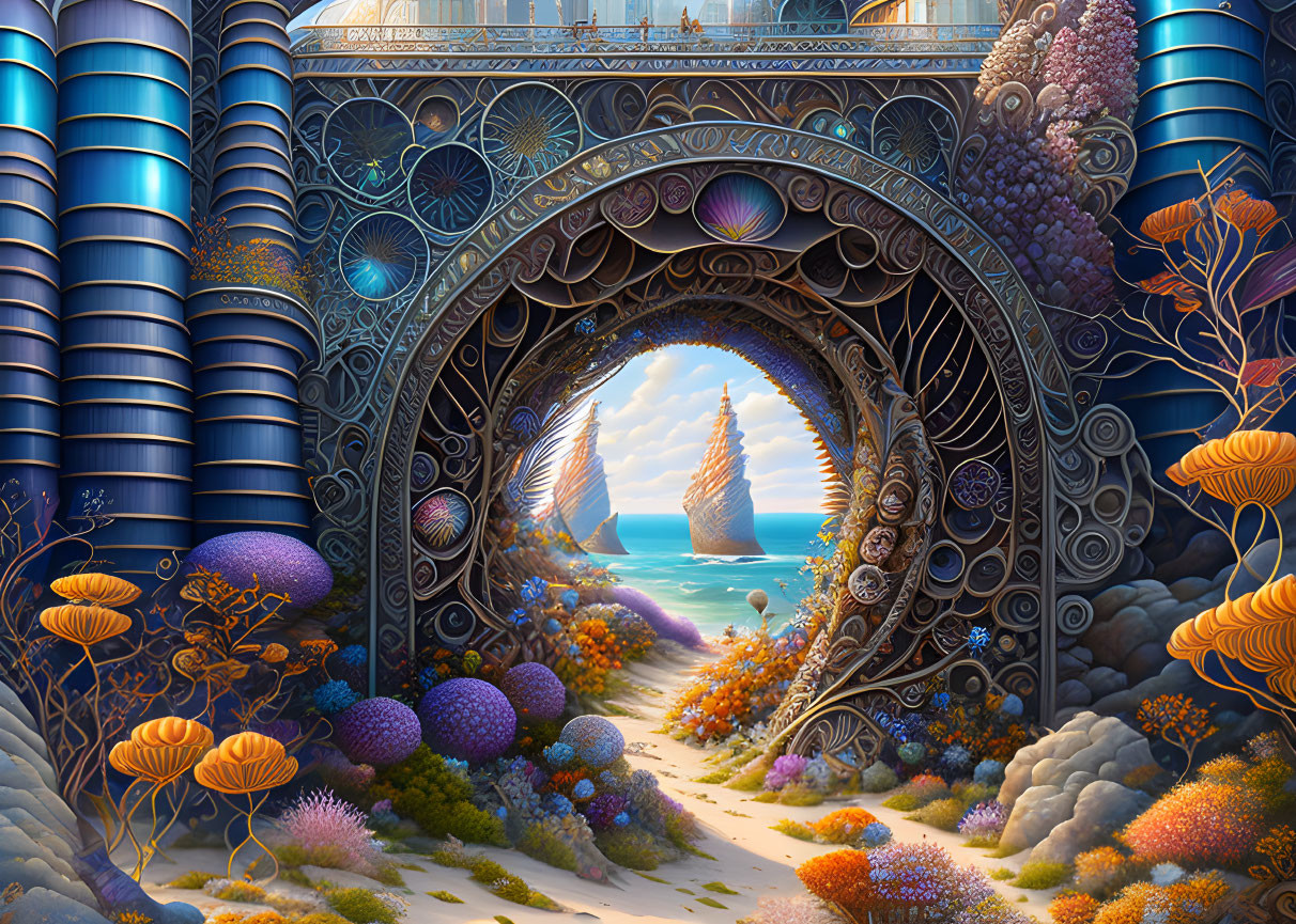 Vibrant coral, ornate archway, sailboats in underwater scene