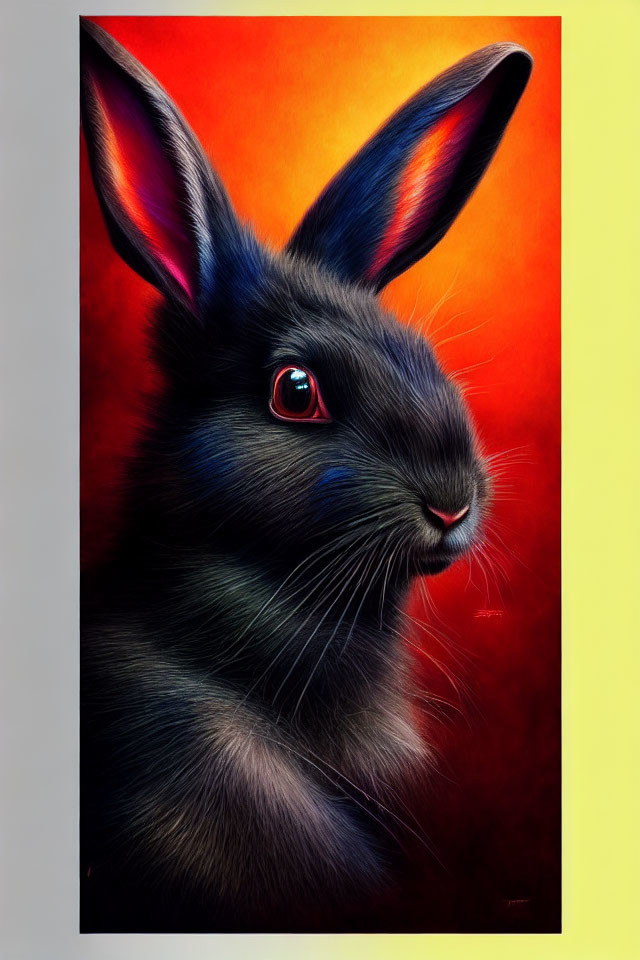 Detailed Black Rabbit with Red Eyes on Orange-Yellow Background