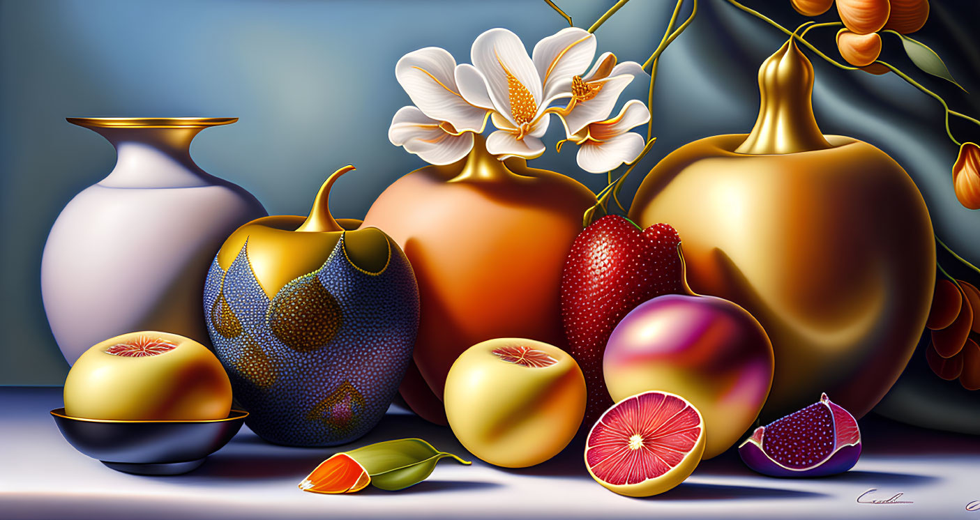 Colorful still life painting with fruits, flowers, and vases on shaded background