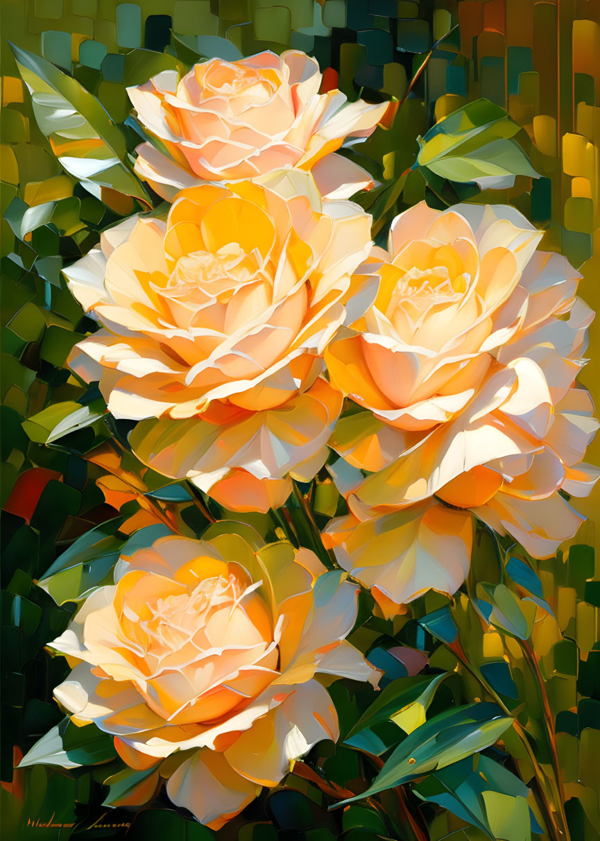 Colorful digital painting of three yellow-orange roses on mosaic background