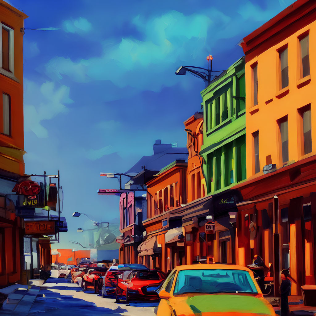 Colorful Street Scene with Painted Buildings and Blue Sky