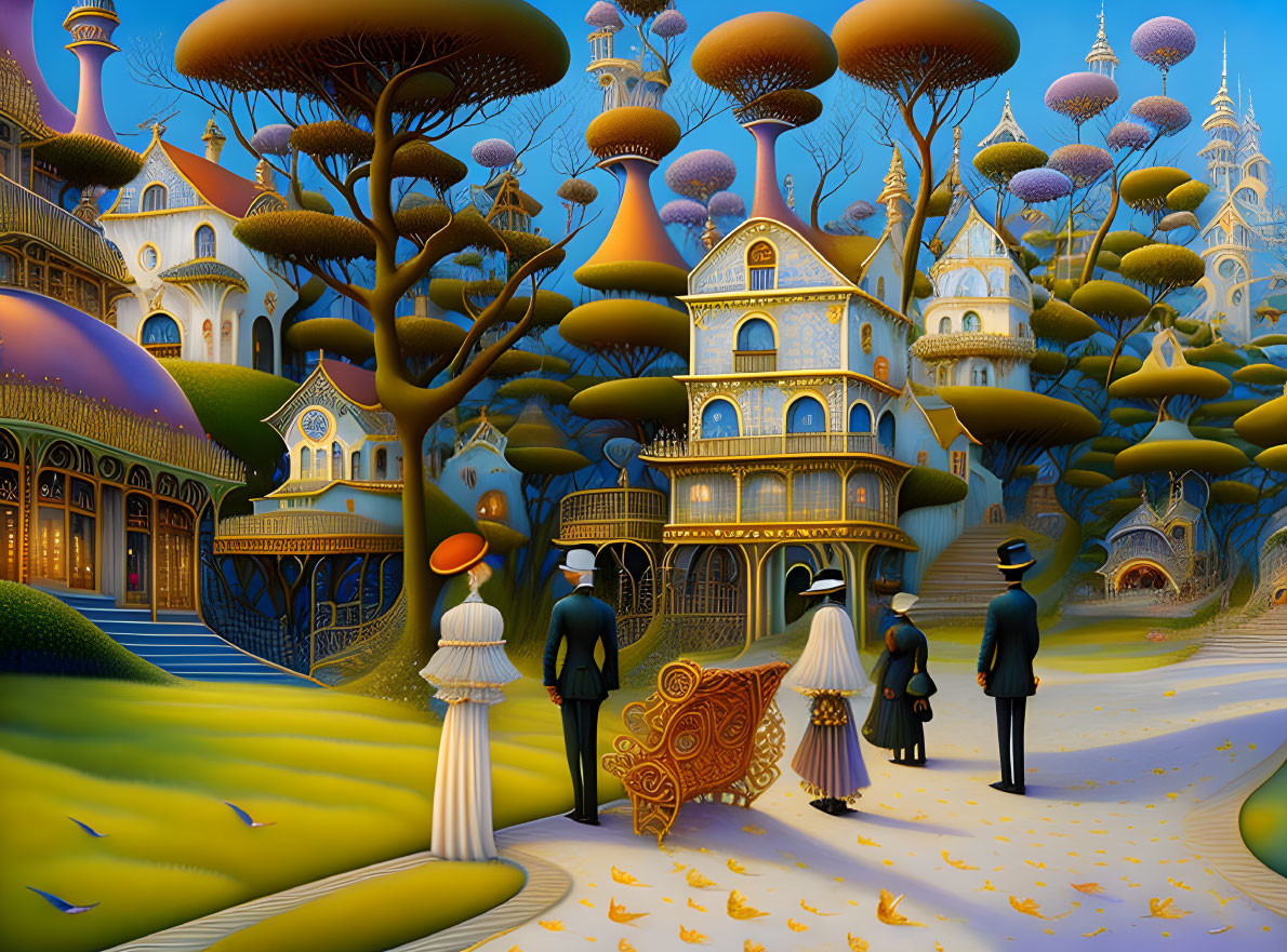Surreal landscape with oversized mushrooms and Victorian-clad figures