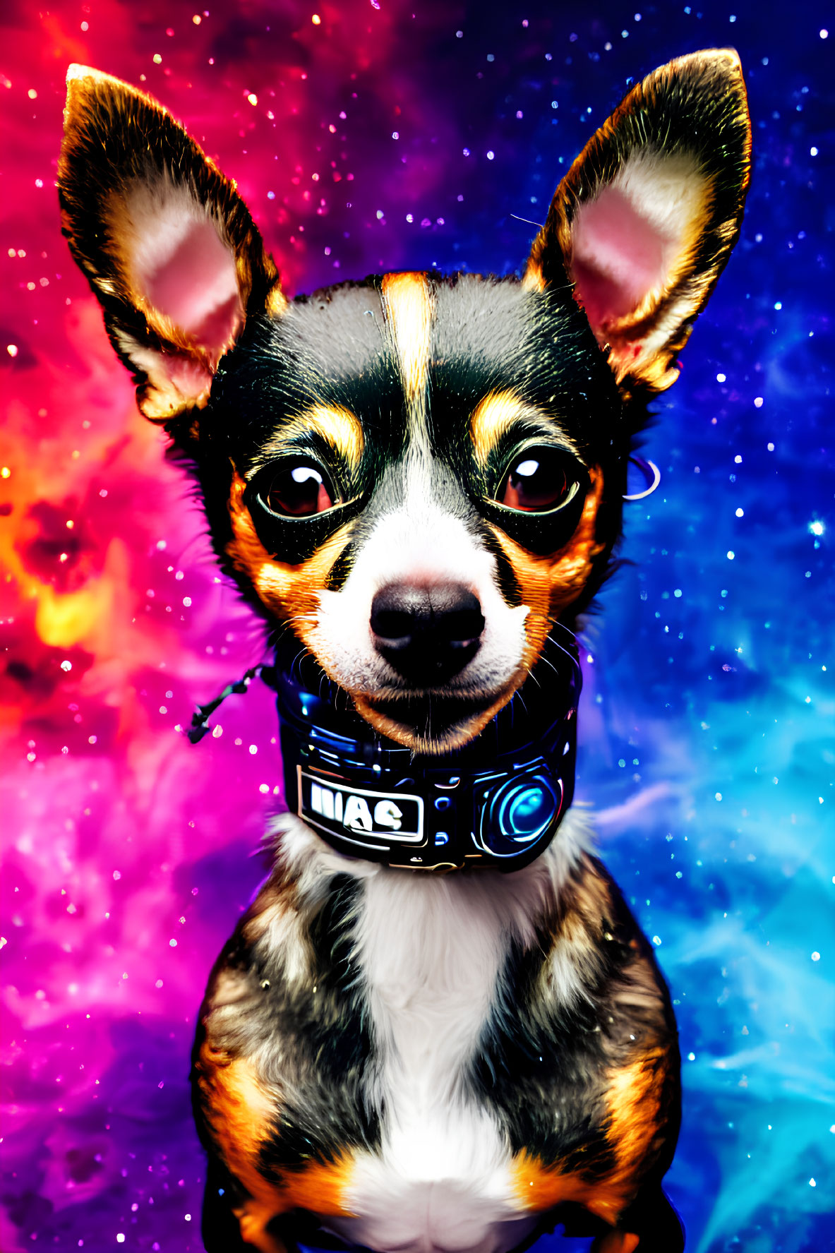 Colorful Digital Art of Chihuahua in Futuristic Collar