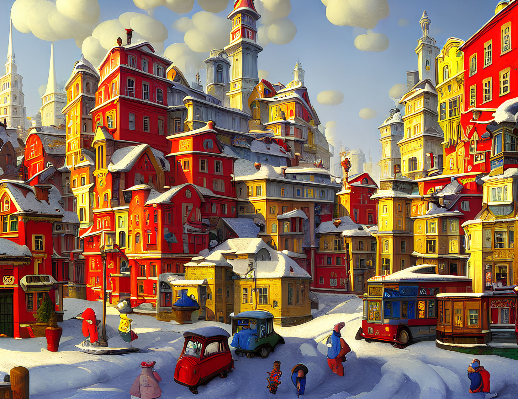 Colorful Winter Town Scene with People, Cars, and Tram