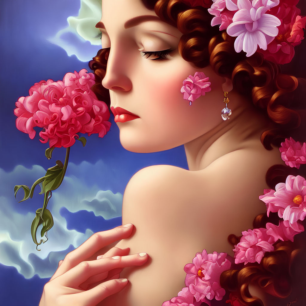 Illustration of woman with floral hair and scent, evoking serene ambiance