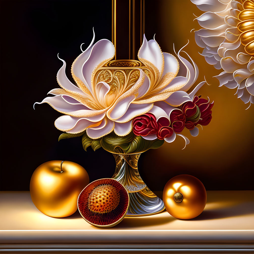 Hyper-realistic white flower in vase surrounded by vibrant roses, passion fruit, apple, and golden sphere