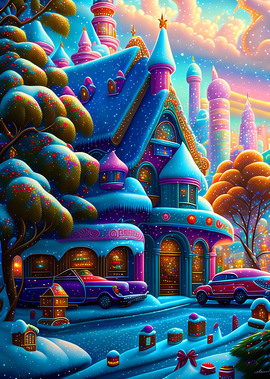 Colorful Winter Scene: Blue Castle, Snowy Trees, Cars, and Gifts