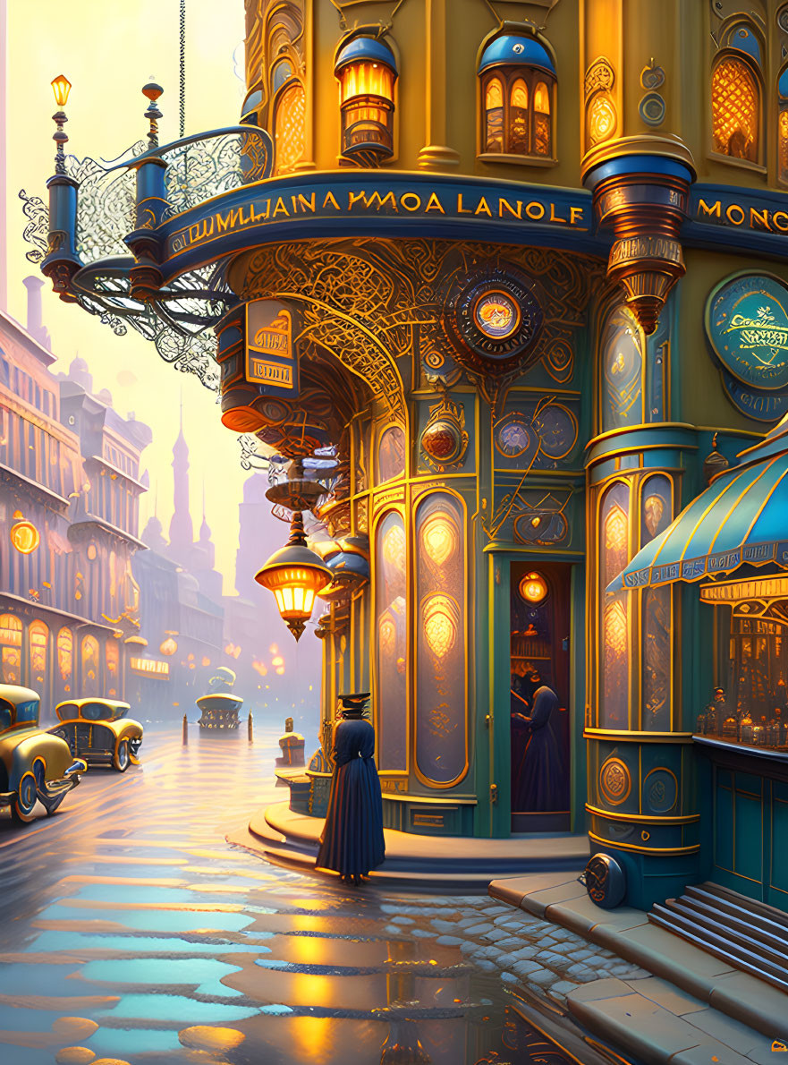 Golden-lit street corner with art nouveau styling and early 20th-century cars and figures.