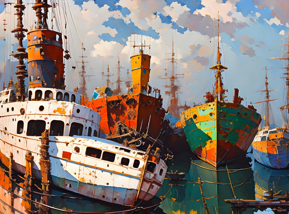 Rusted ships in vibrant colors under a blue sky