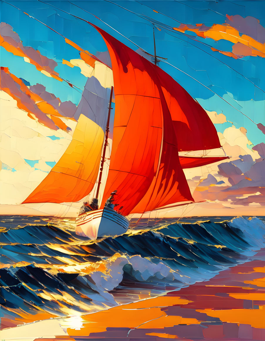 Red-sailed sailing ship on vibrant blue ocean waves at sunset