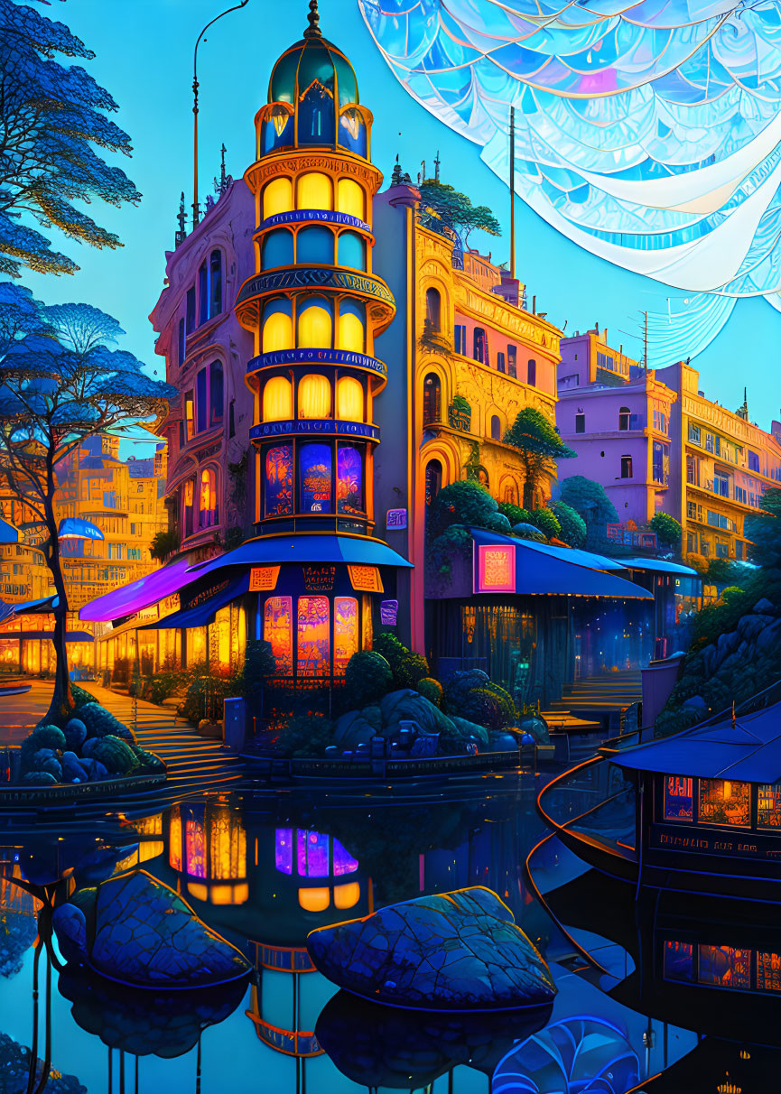 Whimsical cityscape digital artwork with radiant multi-tiered building at dusk