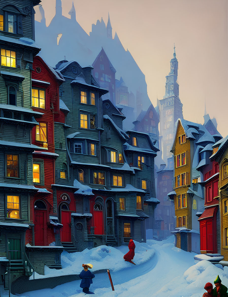 Snowy cobblestone street with colorful houses and looming castle on misty day.
