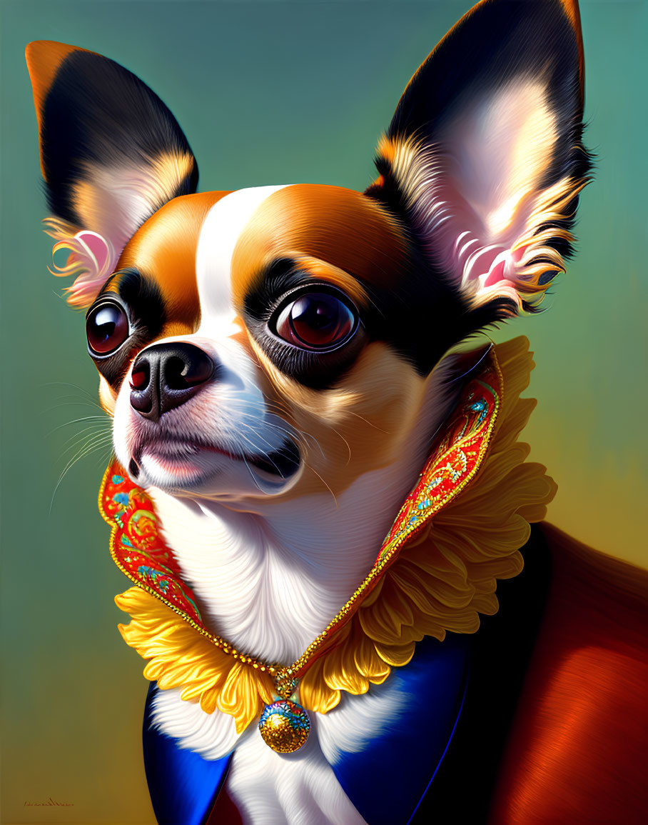 Vibrant digital art: Chihuahua in regal attire on gradient background