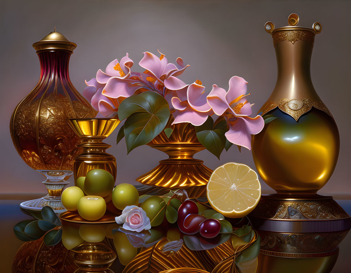 Ornate vases, pink flowers, lemon, grapes, and cherries on reflective surface