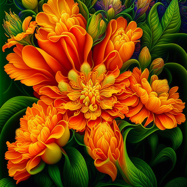 Colorful digital artwork featuring stylized orange flowers on dark, leafy background