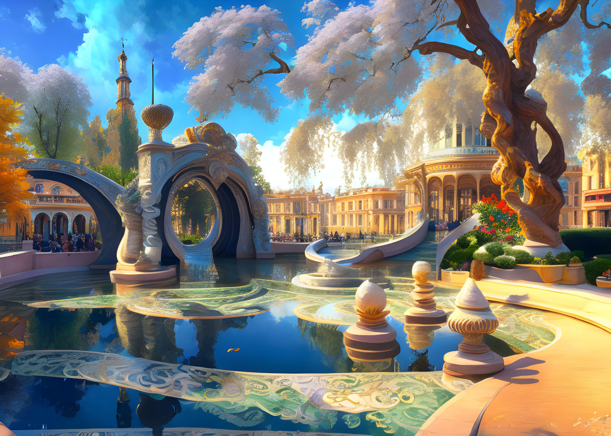 Fantasy garden with fountain, bridges, flowers, and grand tree