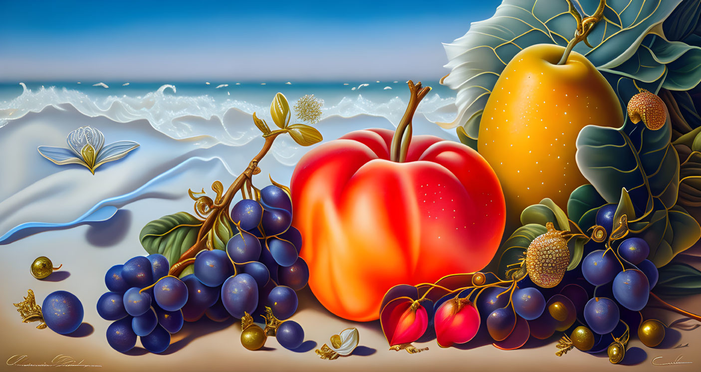 Colorful Still Life with Fruits and Surreal Background of Ocean Waves and Cabbage Leaf