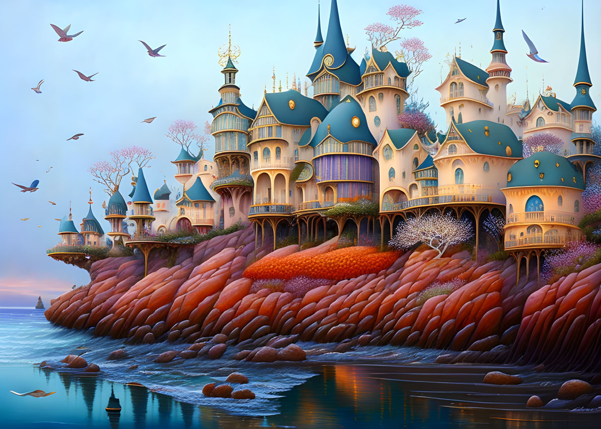 Whimsical castle with spires on orange cliffs at twilight