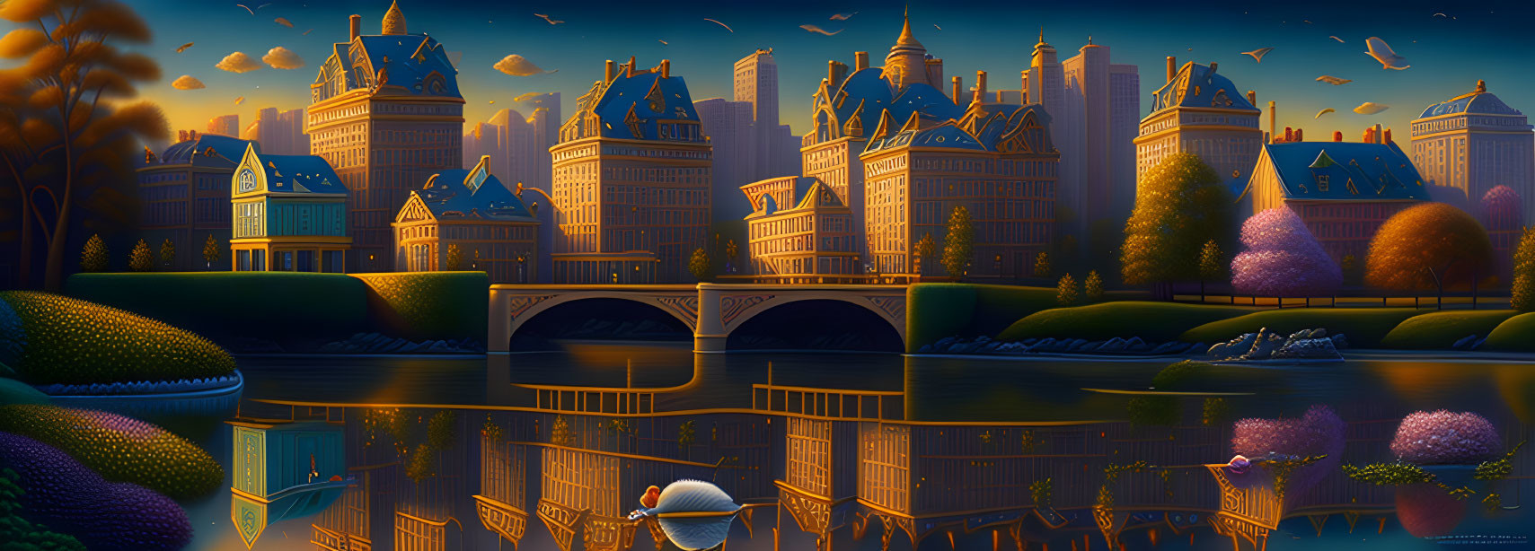 Fantastical cityscape at dusk with ornate buildings, arched bridge, river, swan