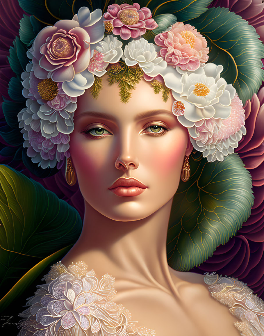 Surreal portrait of woman with floral head adornments and intricate lace details