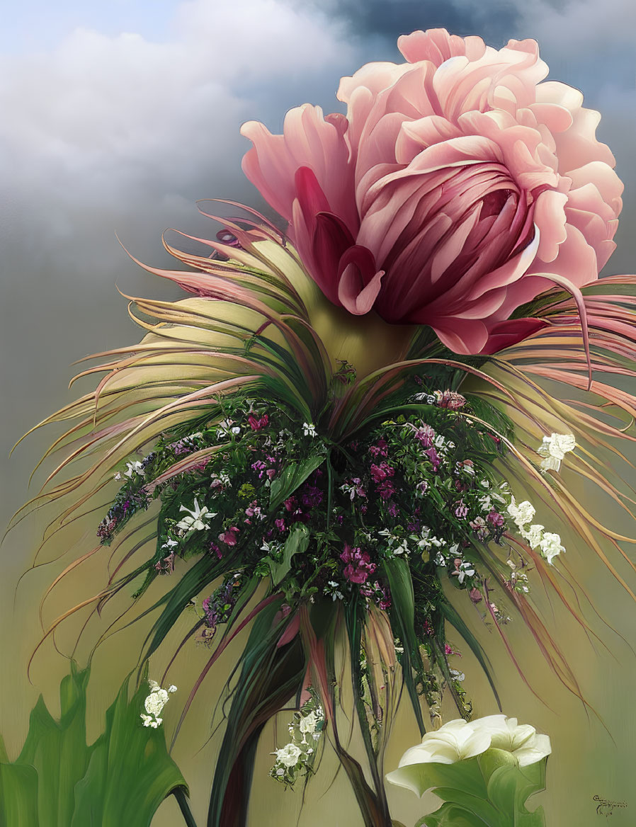 Surreal pink peony-like flower with white and purple bouquet against cloudy sky