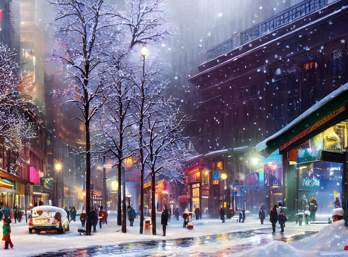 Twilight snow-covered city street with shop signs, pedestrians, vintage car, and holiday lights