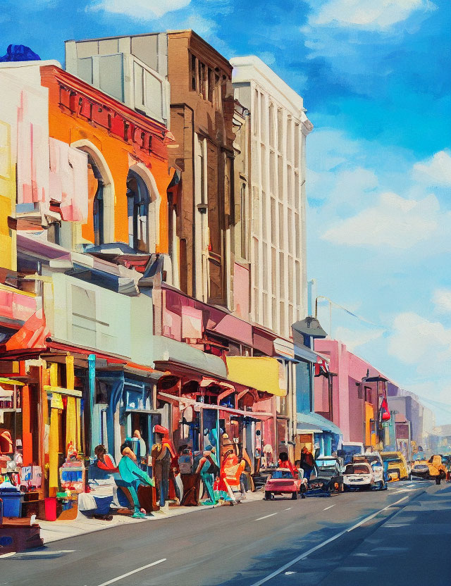 Vibrant painting of colorful city street with pedestrians, shops, and vehicles