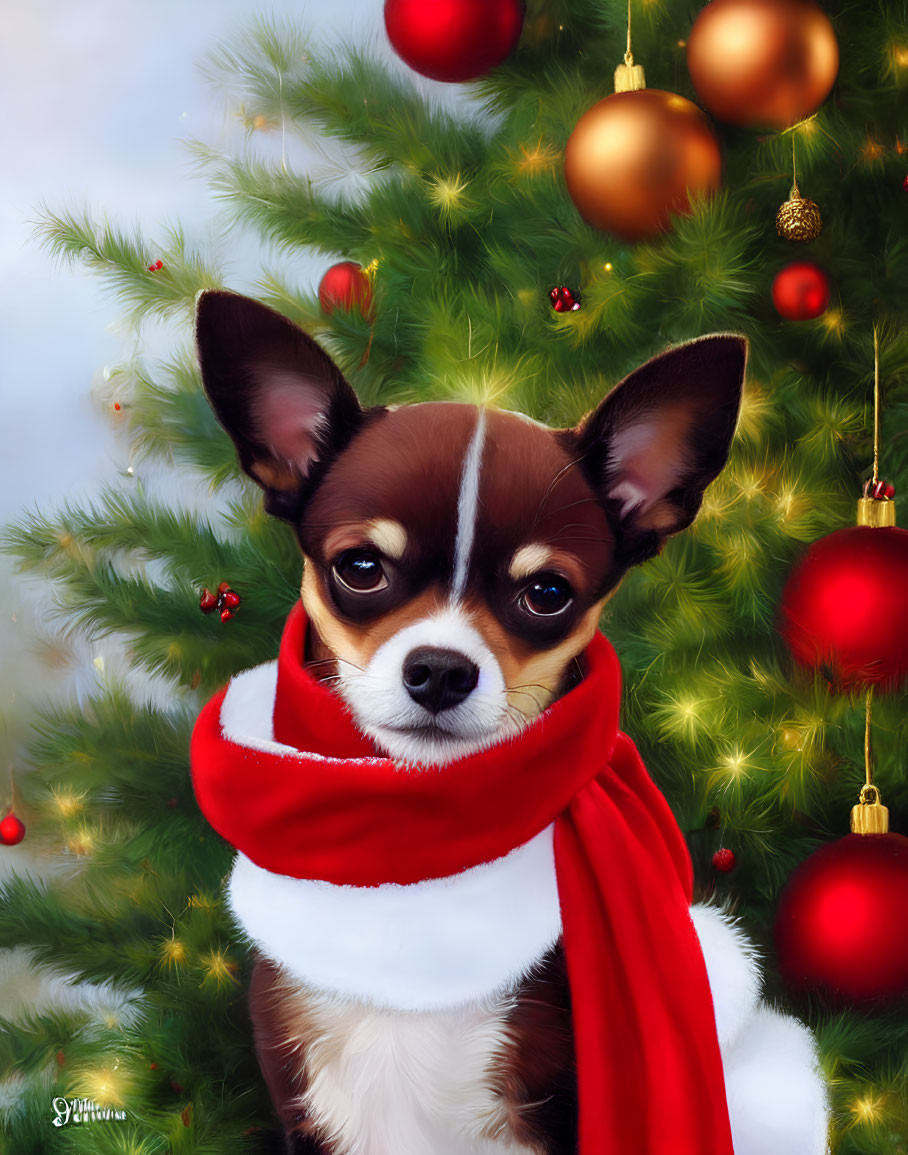 Chihuahua with red scarf by Christmas tree with gold ornaments