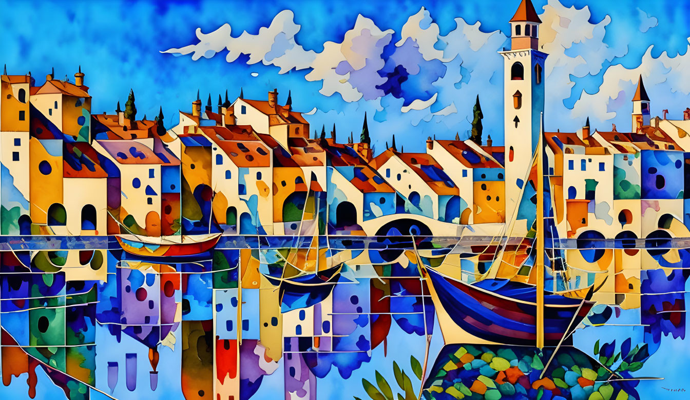 Colorful Stylized Coastal Town Painting with Tower and Boats