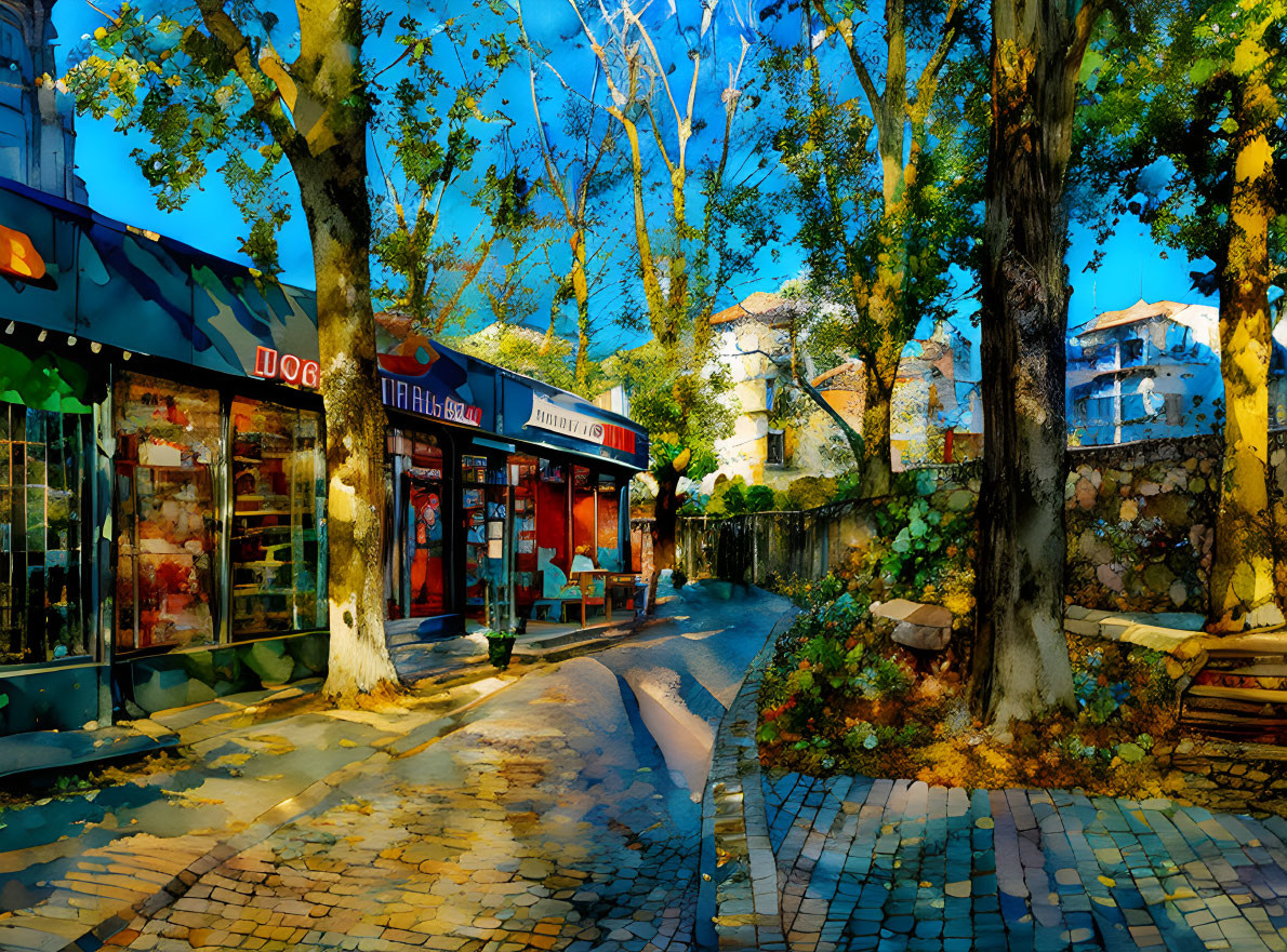 Vibrant street scene with trees, benches, and shops under blue sky
