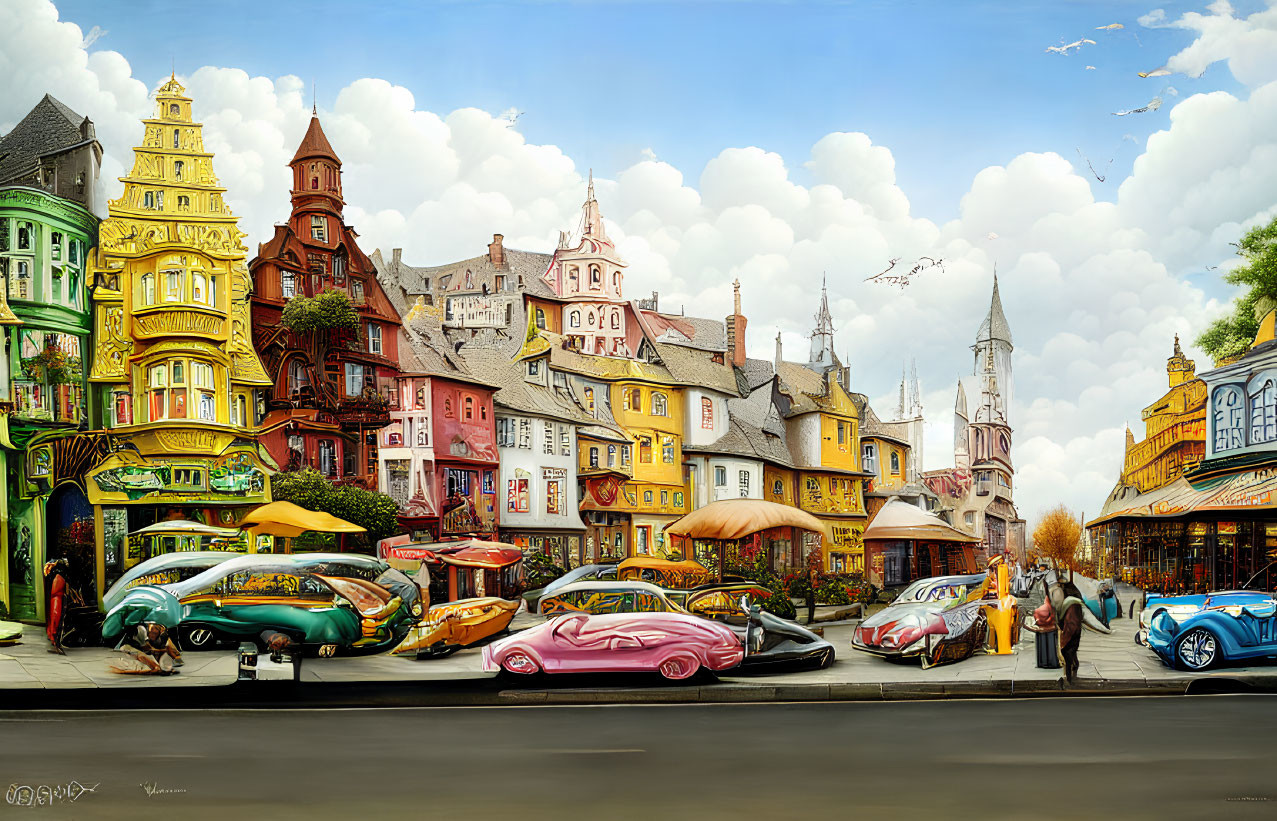 Colorful Street Scene with Futuristic Cars and Blue Sky
