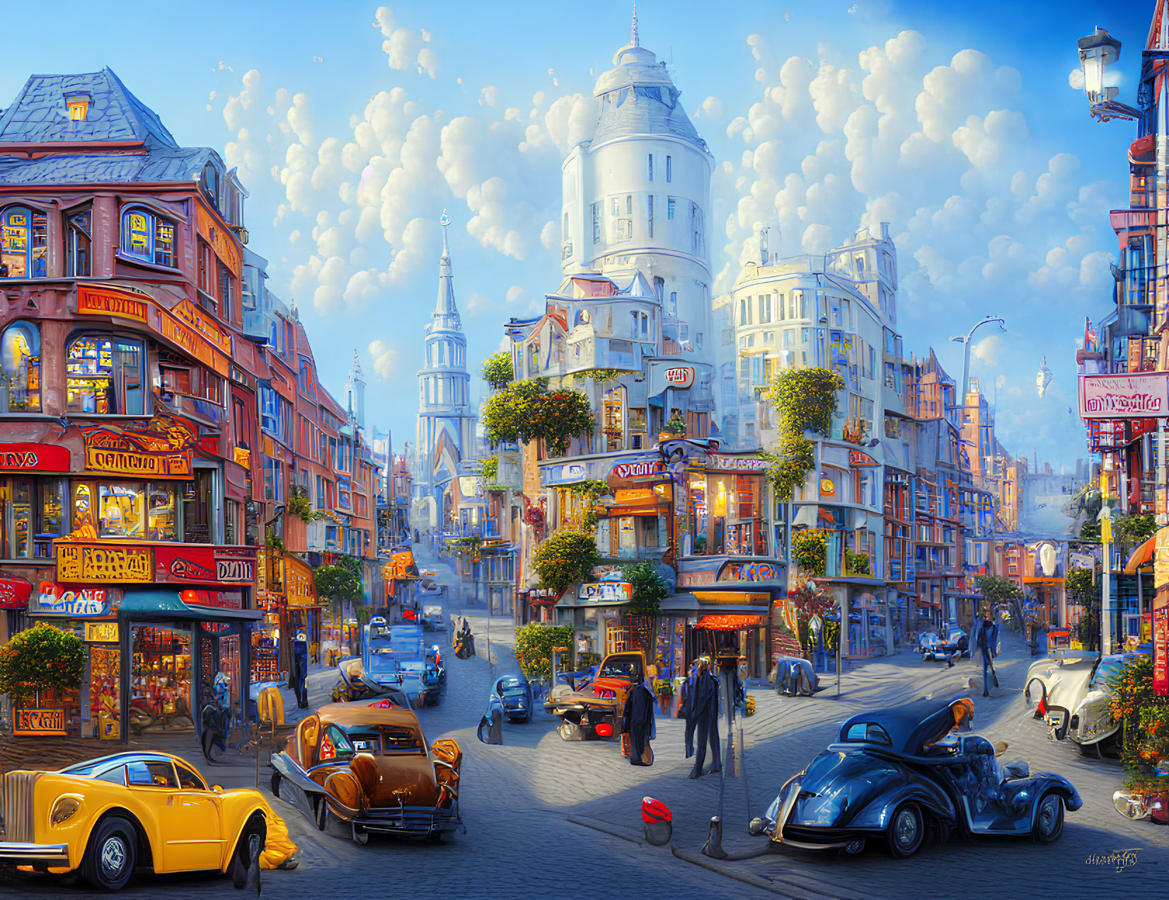 Colorful Street Scene with Classic Cars and Shops under Sunny Sky